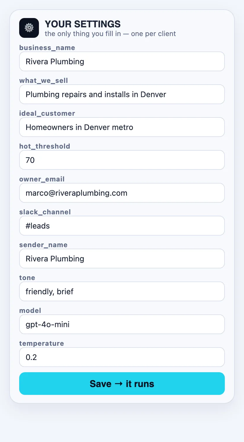 Step 2: the one settings form you fill in